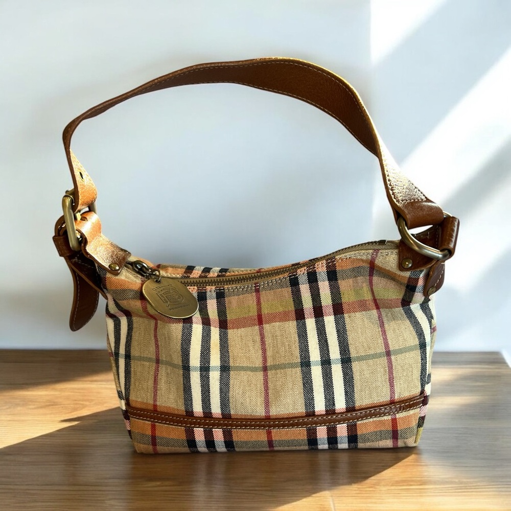 Burberry? Plaid Canvas Shoulder Bag with Leather Trim